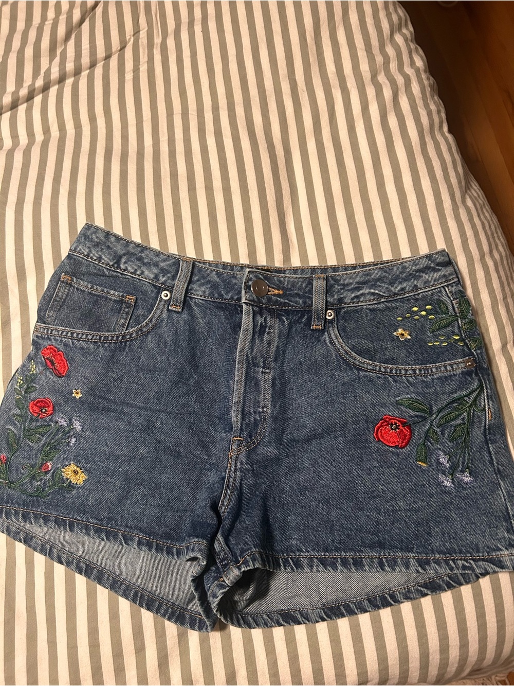 H&M Embroidered Blue Denim Shorts